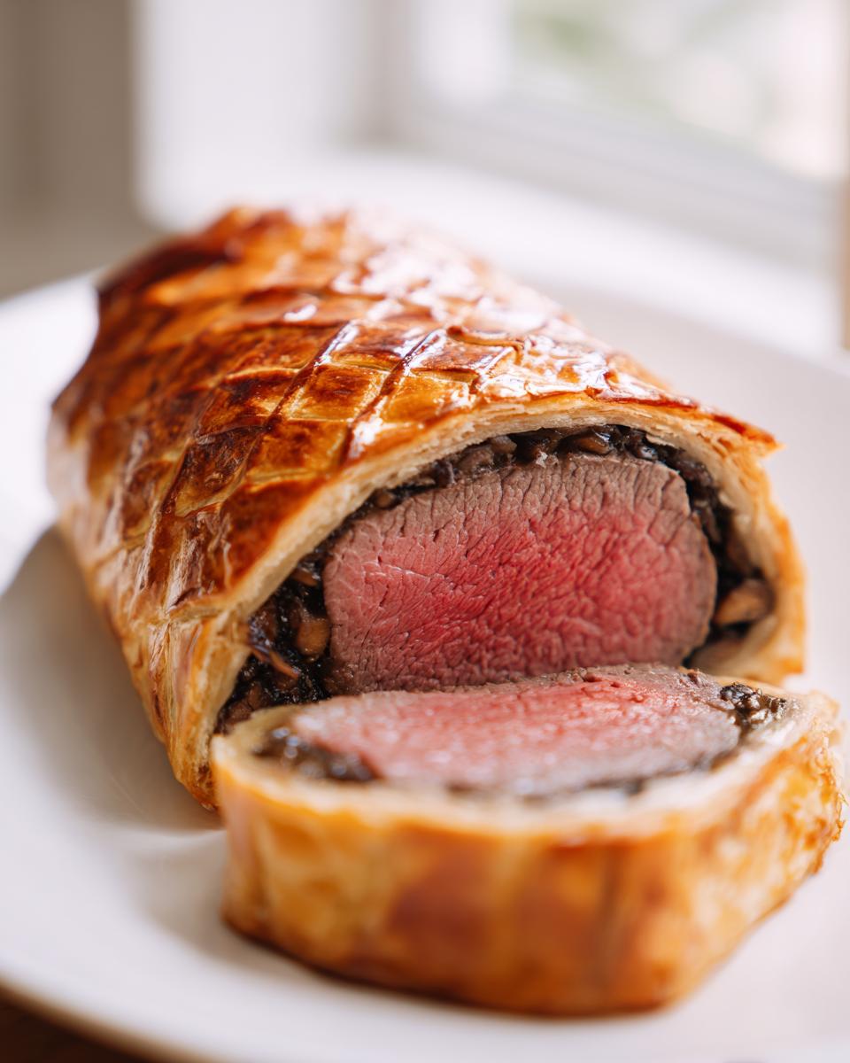 Cross-section of a stunning beef wellington recipe showing medium-rare beef tenderloin encased in golden puff pastry.