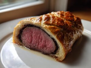 A cross-section slice of beef wellington recipe showing medium-rare pink tenderloin wrapped in golden puff pastry.