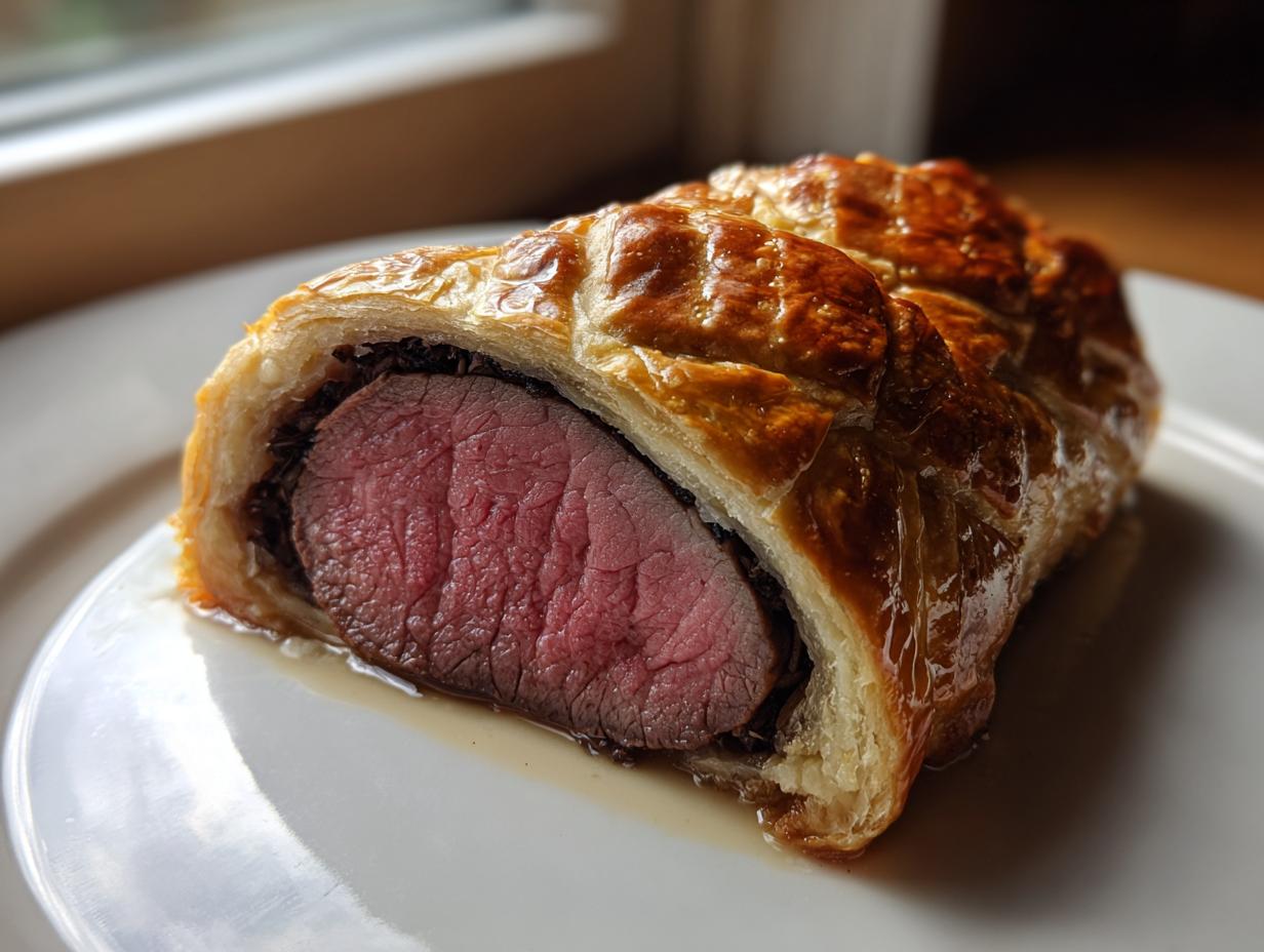 A cross-section slice of beef wellington recipe showing medium-rare pink tenderloin wrapped in golden puff pastry.