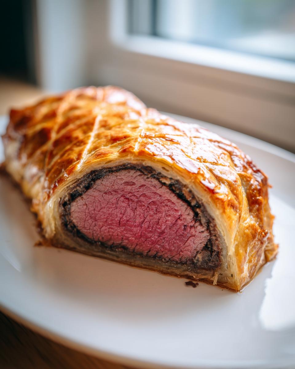 Cross-section of a perfectly cooked beef wellington recipe showing medium-rare pink center.