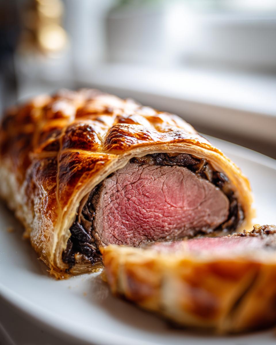 Close-up of a perfectly cooked beef wellington recipe, showing medium-rare center and golden puff pastry.