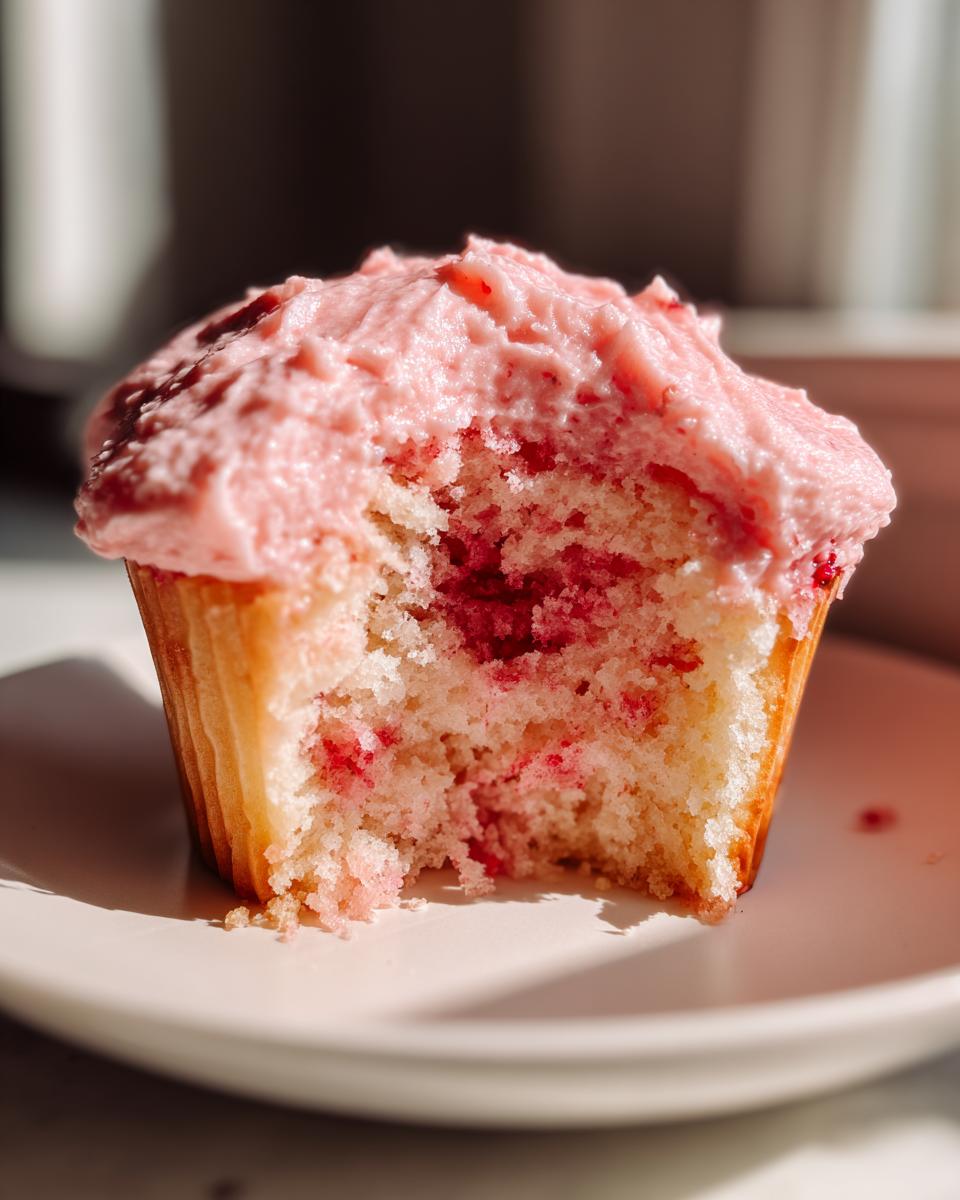 A close-up of a strawberry cupcake with a bite taken out, revealing the moist cake and pink strawberry frosting.