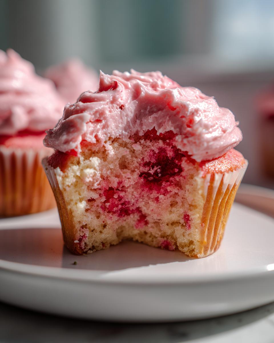 Close-up of a strawberry cupcake with a bite taken out, revealing moist cake and strawberry pieces, topped with pink frosting.