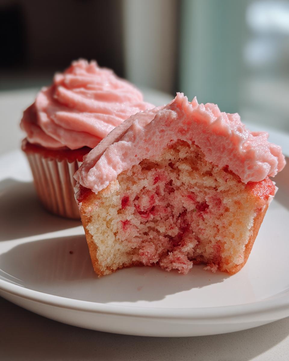 A close-up of one bitten strawberry cupcake showing the moist interior, next to a whole one, both topped with pink frosting.