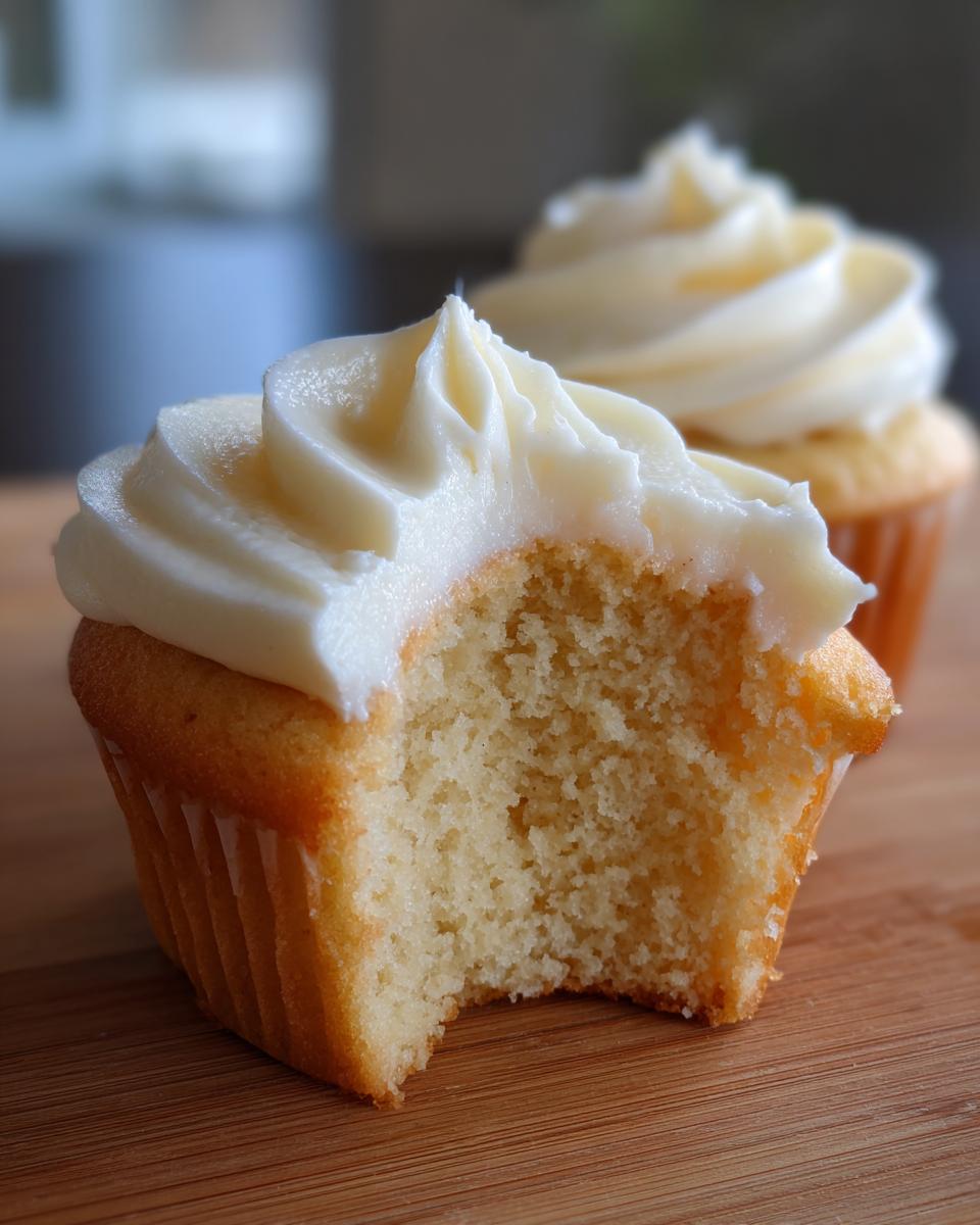 Close-up of a vanilla cupcake with a bite taken out, showing the moist crumb and swirl of white vanilla frosting.