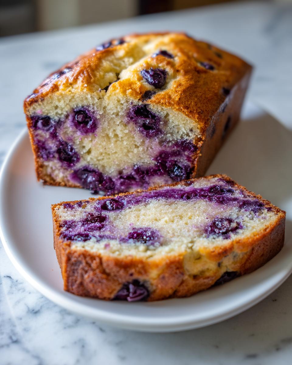 A close-up of a moist blueberry banana bread loaf, with one thick slice cut and resting in front of it on a white plate.