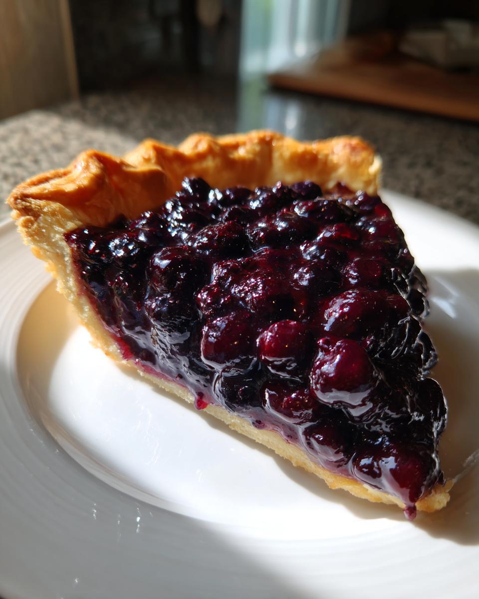 A close-up slice of rich, juicy blueberry pie recipe filling with a flaky golden crust on a white plate.
