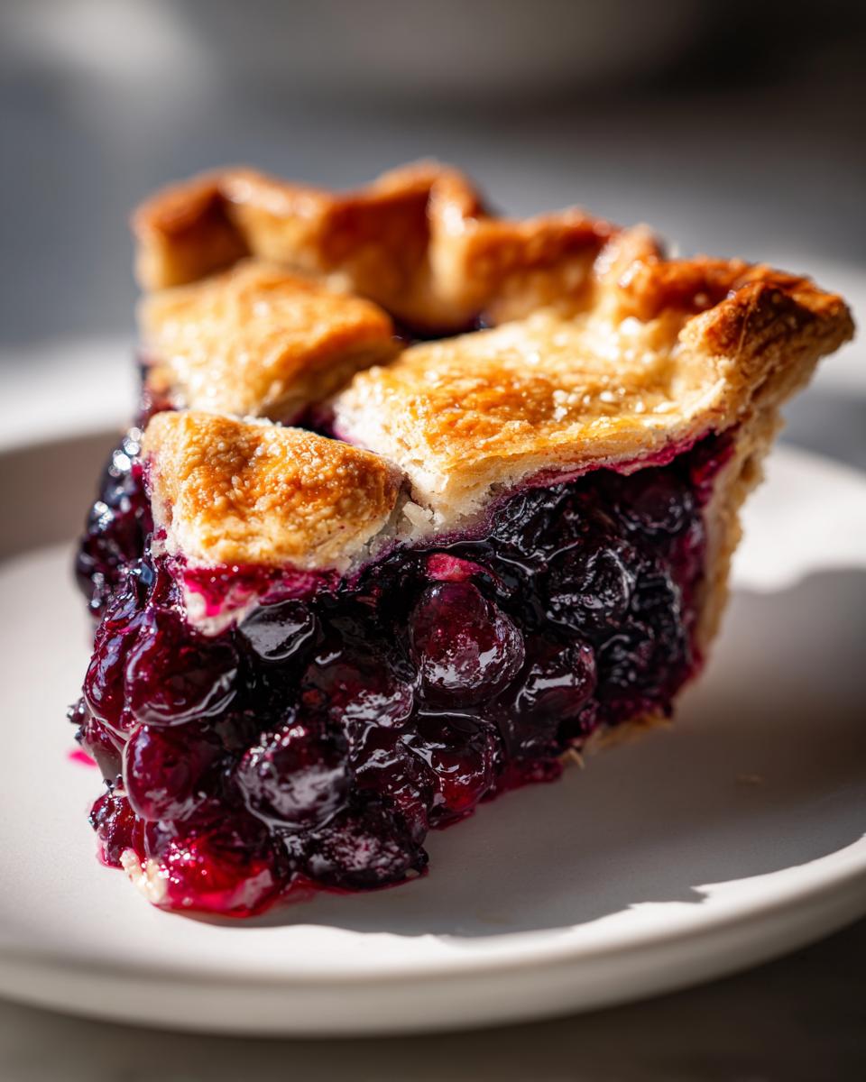 Close-up of a thick slice of blueberry pie recipe showing juicy, bubbling blueberry filling and a flaky, golden crust.