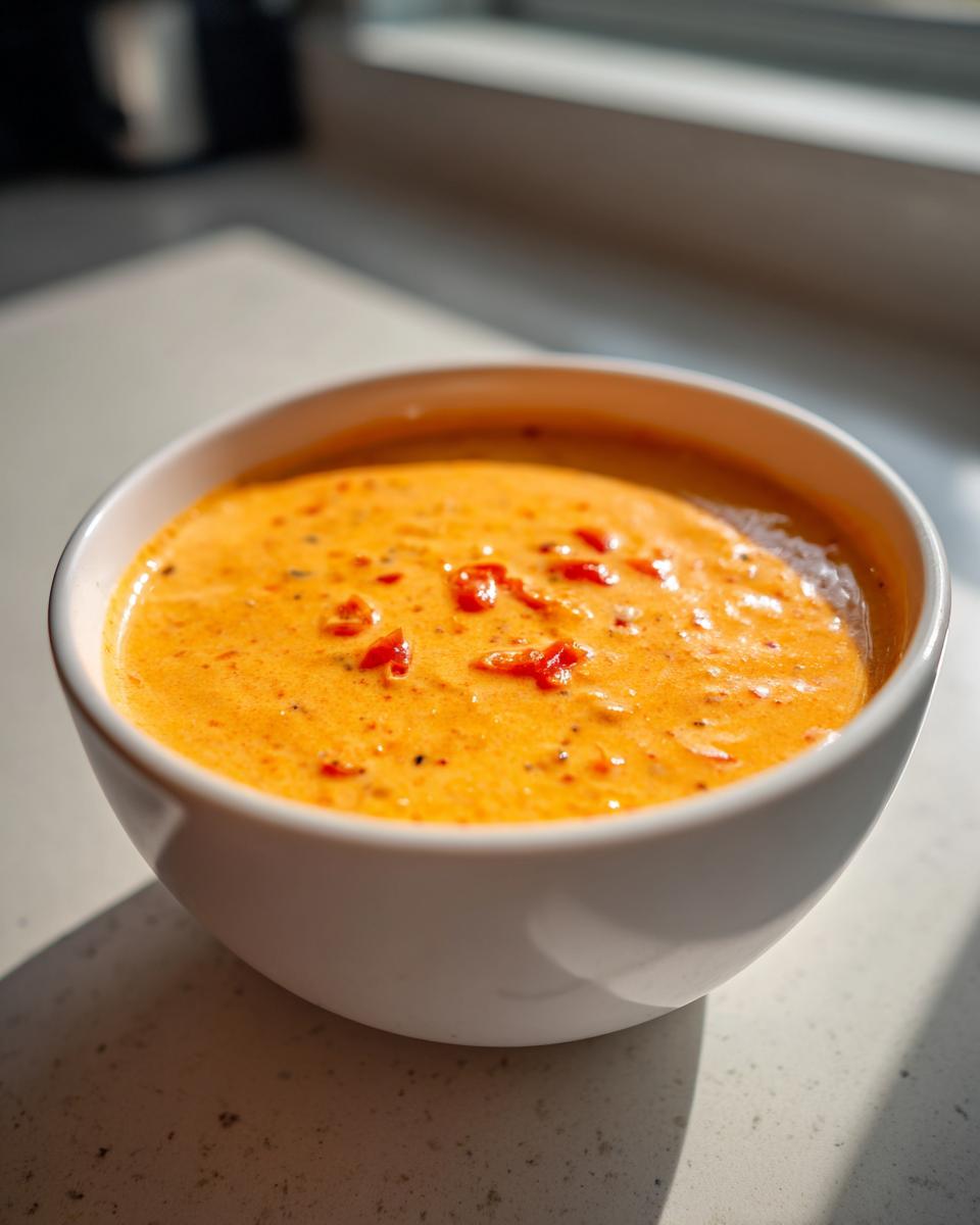 A close-up of a white bowl filled with bright orange cottage cheese queso, topped with diced red peppers.