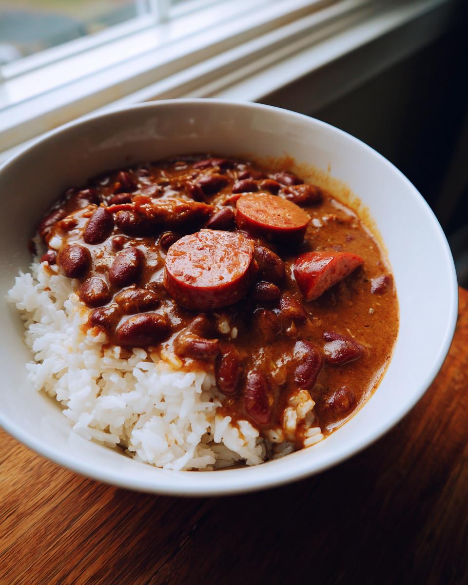 A close-up of a white bowl filled with white rice topped generously with savory red beans and rice and sliced andouille sausage.