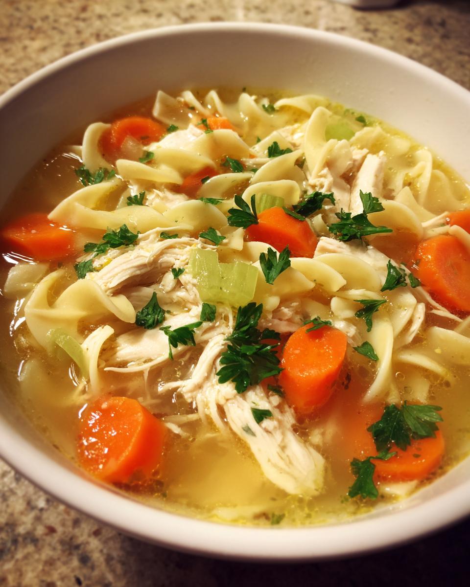 Close-up of a white bowl filled with rich broth, shredded chicken, egg noodles, carrots, and parsley in slow cooker chicken noodle soup.