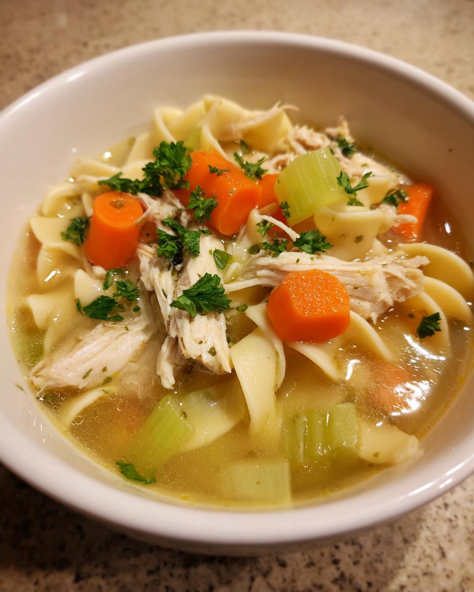 Close-up of a white bowl filled with slow cooker chicken noodle soup, featuring shredded chicken, egg noodles, carrots, and celery.