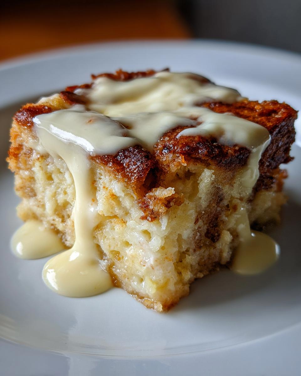 A close-up of a square slice of golden brown bread pudding topped with rich, dripping vanilla sauce.