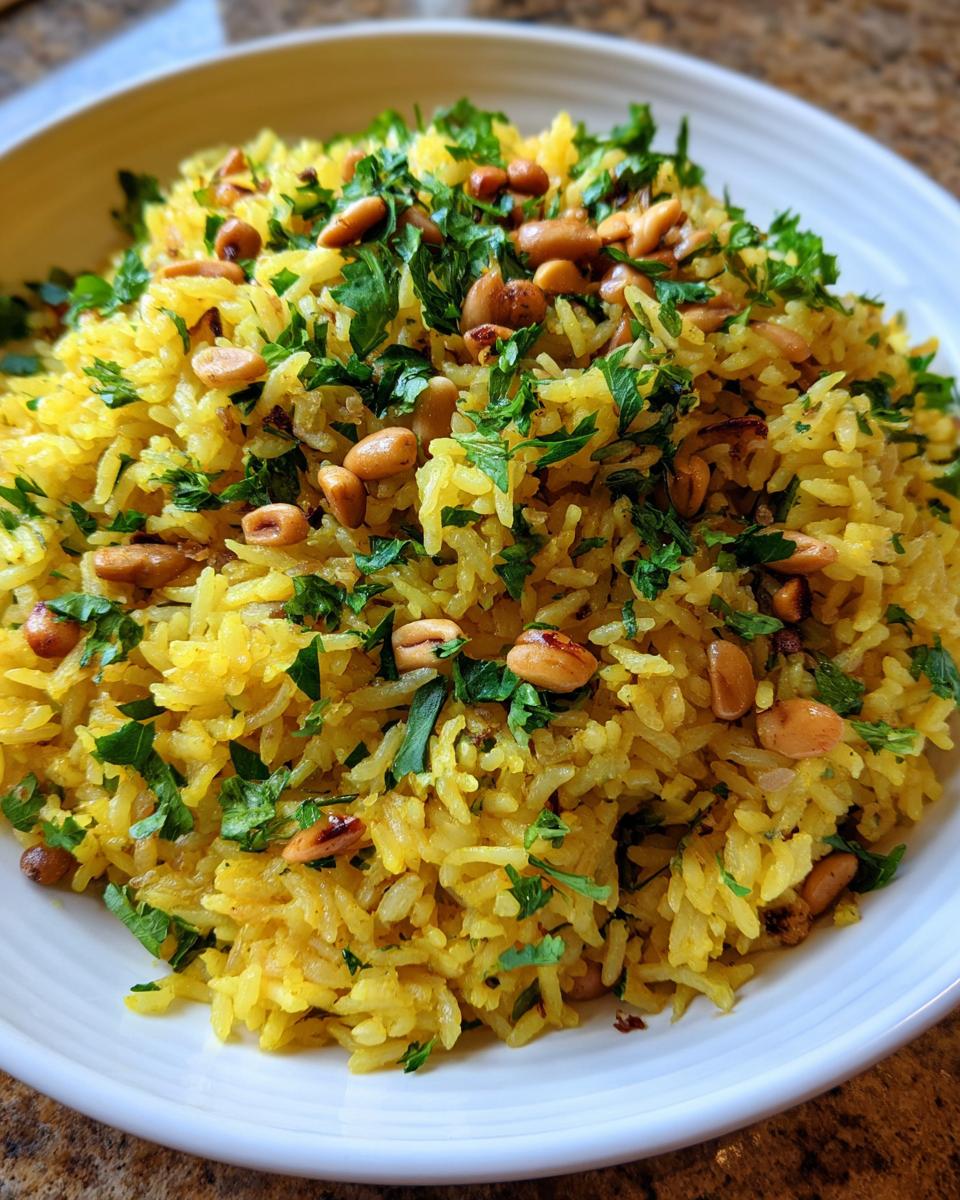 A close-up of bright yellow mediterranean rice topped with toasted pine nuts and fresh chopped parsley.