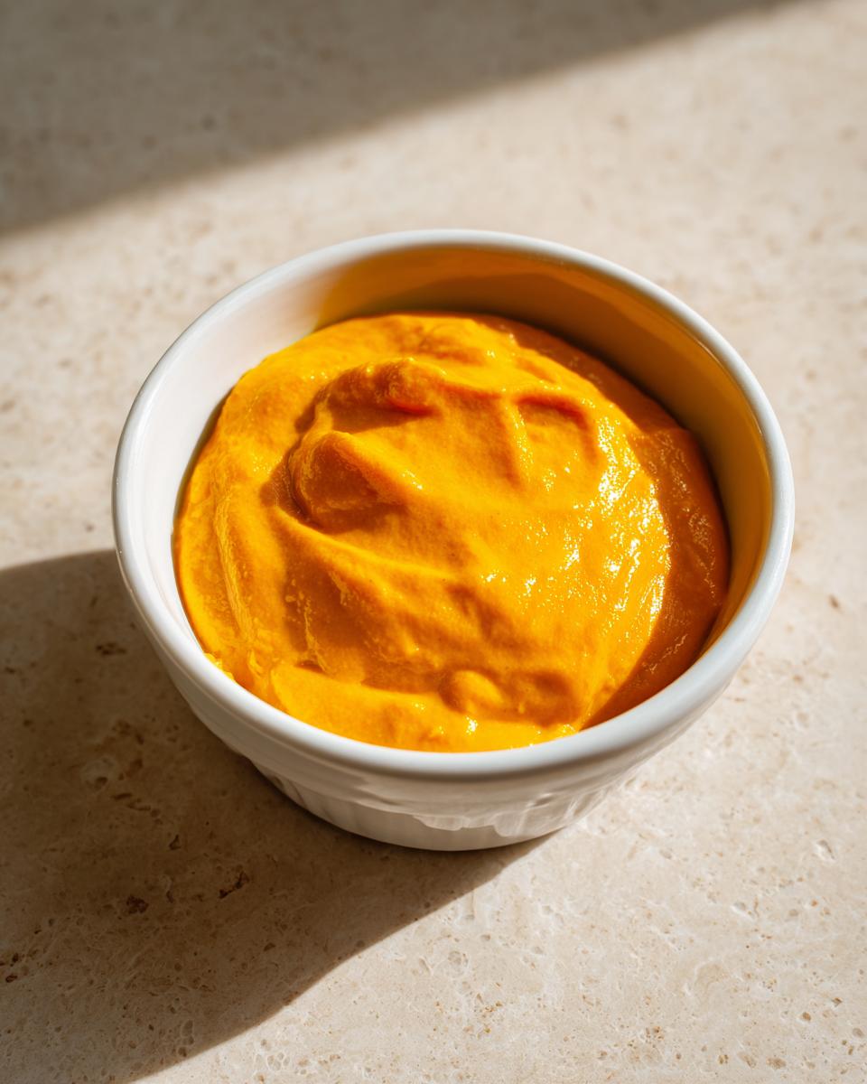 A small white bowl filled with thick, vibrant orange nacho cheese sauce, sitting on a light-colored stone surface.