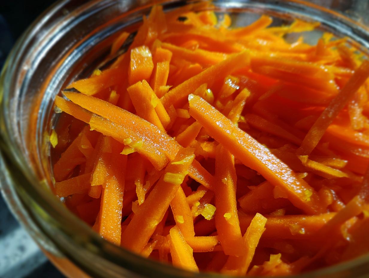 Close-up view of bright orange, julienned pickled carrots packed tightly inside a clear glass jar.