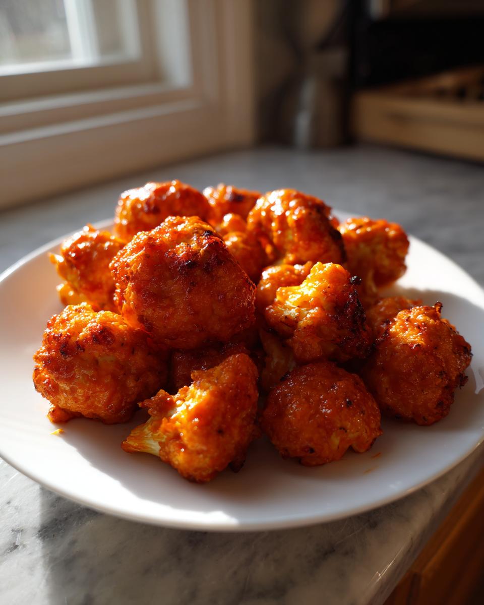 A white plate piled high with crispy, saucy buffalo cauliflower bites, catching bright sunlight.