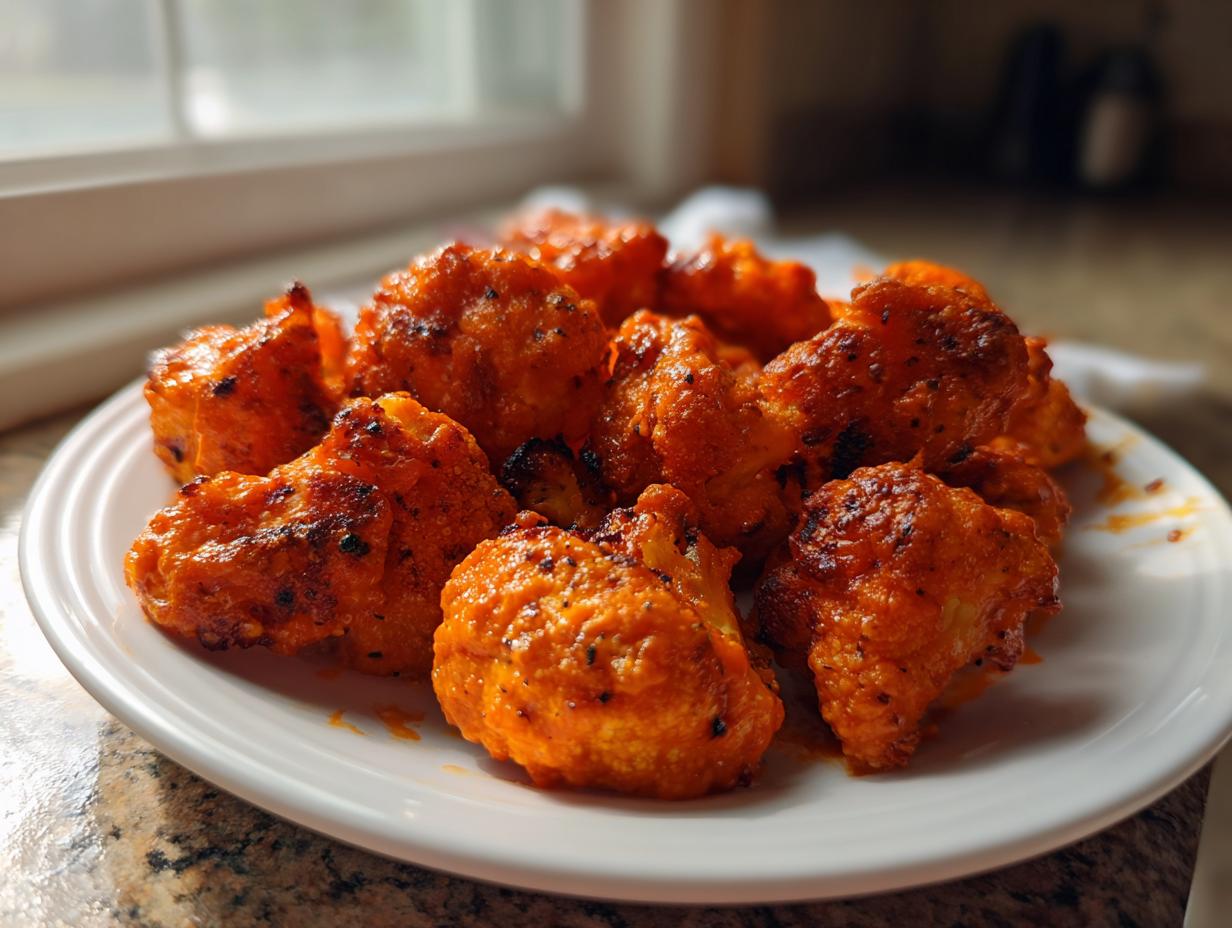 A plate piled high with crispy, bright orange buffalo cauliflower bites, slightly charred from cooking.