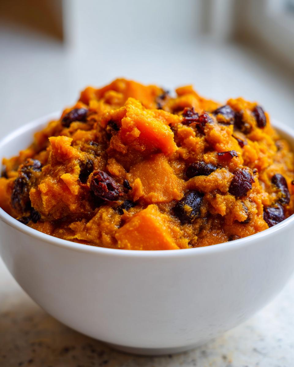 A close-up of a white bowl filled with thick, orange butternut squash chili mixed with dark dried cranberries or raisins.