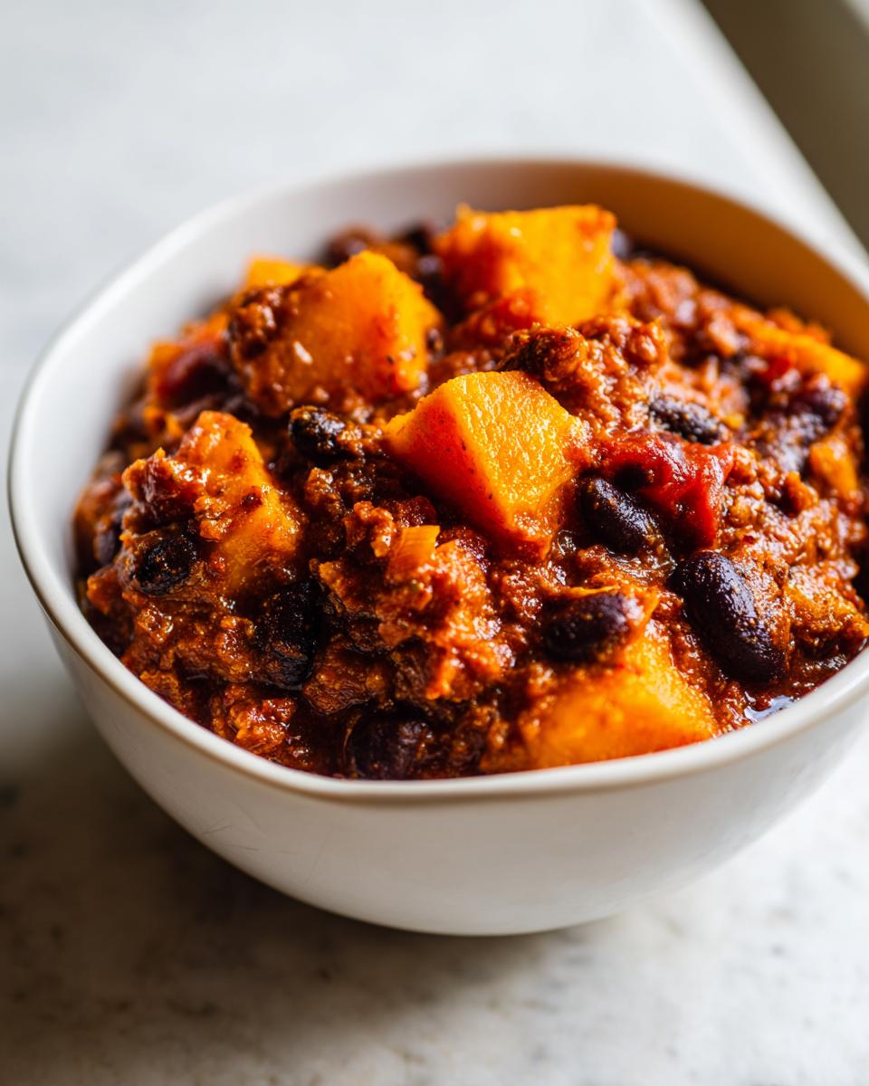 Close-up of a rich, thick serving of butternut squash chili with visible chunks of orange squash and black beans.