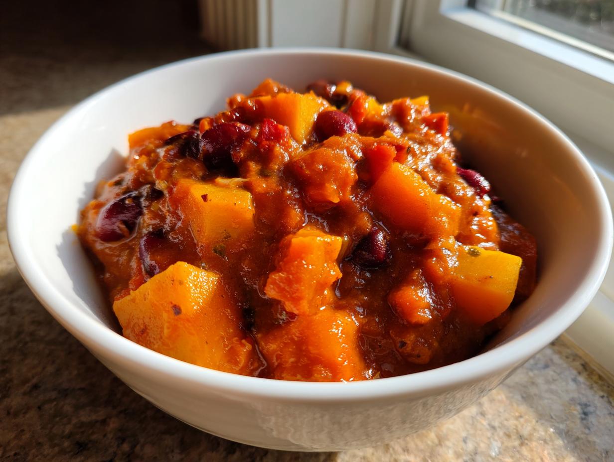 Close-up of a white bowl filled with thick, orange butternut squash chili featuring visible chunks of squash and kidney beans.
