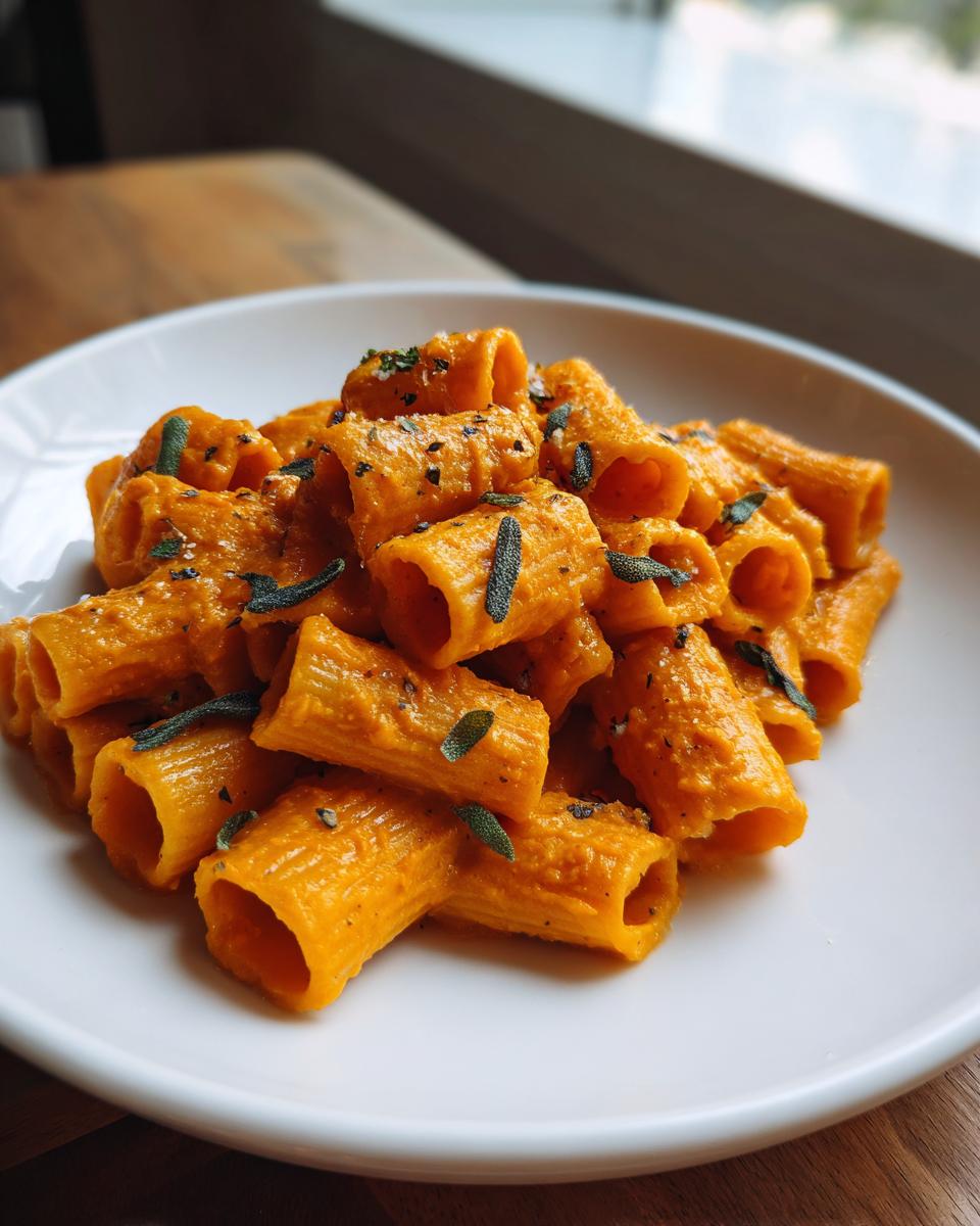 Close-up of rigatoni pasta coated in a vibrant orange butternut squash pasta sauce, topped with fresh sage leaves.