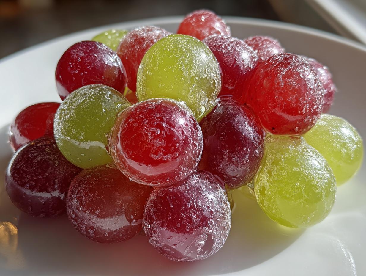 Close-up of red and green candy grapes coated in a sugary glaze, piled on a white plate.