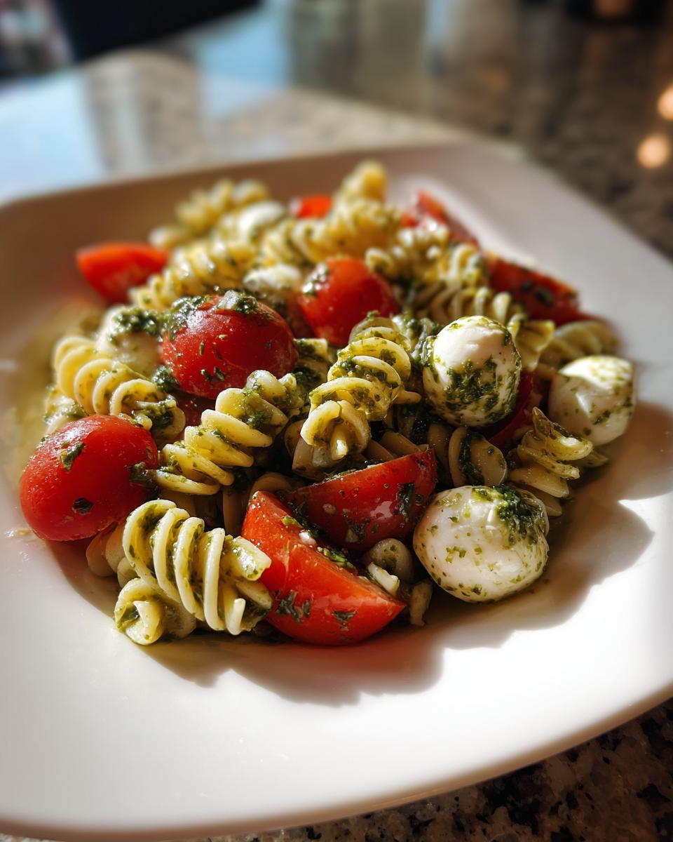 A serving of vibrant caprese pasta salad featuring fusilli pasta, cherry tomatoes, and small mozzarella balls coated in pesto.