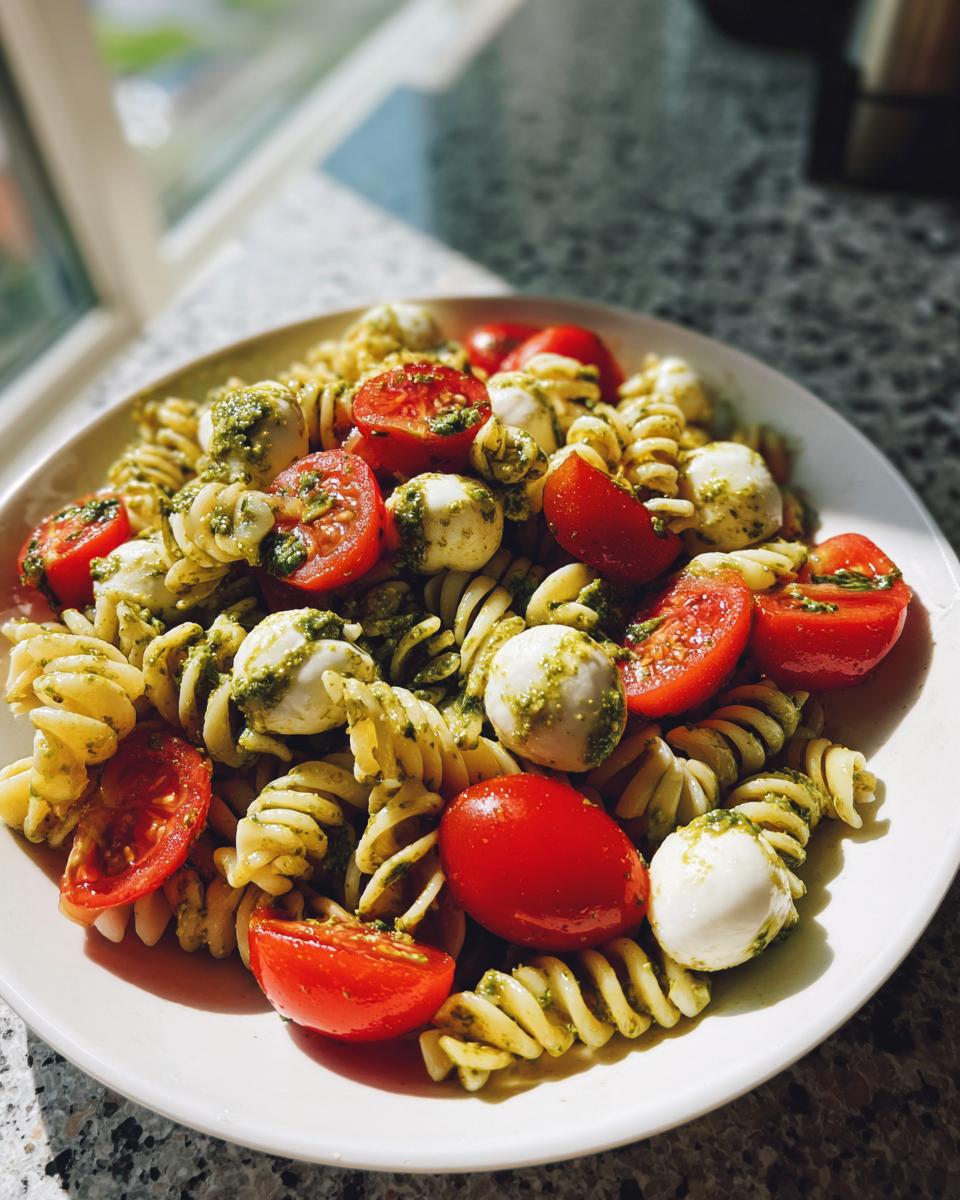 A bright plate of caprese pasta salad featuring rotini pasta, halved cherry tomatoes, and small mozzarella balls coated in pesto.