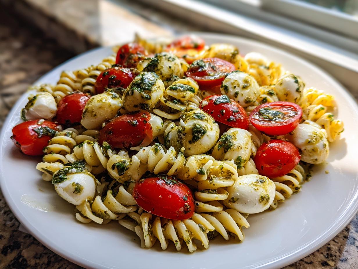 Close-up of a serving of caprese pasta salad featuring rotini pasta, cherry tomatoes, and mozzarella balls coated in pesto.
