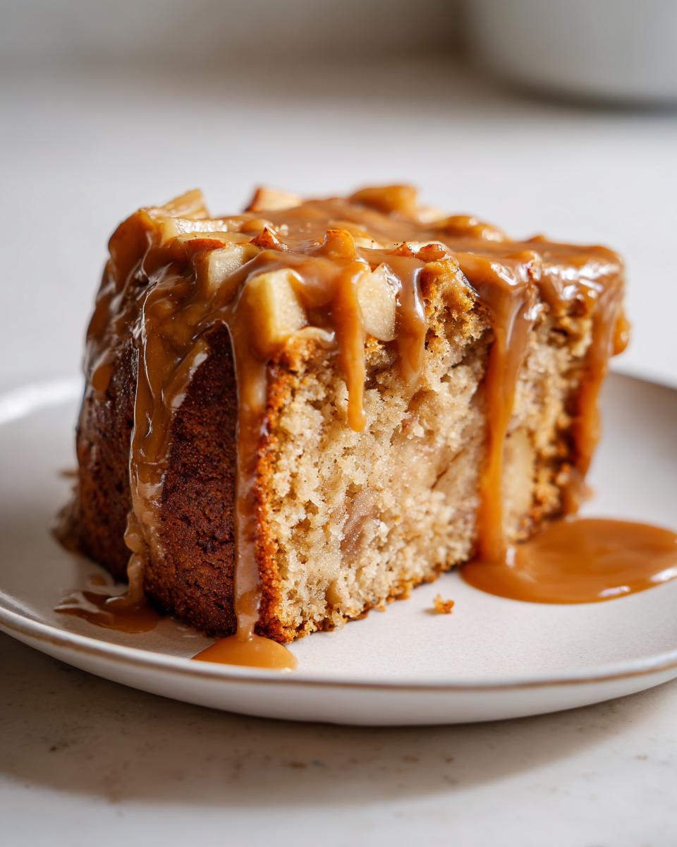 A moist slice of apple cake topped with chunks of apple and rich caramel sauce drizzling down the sides.