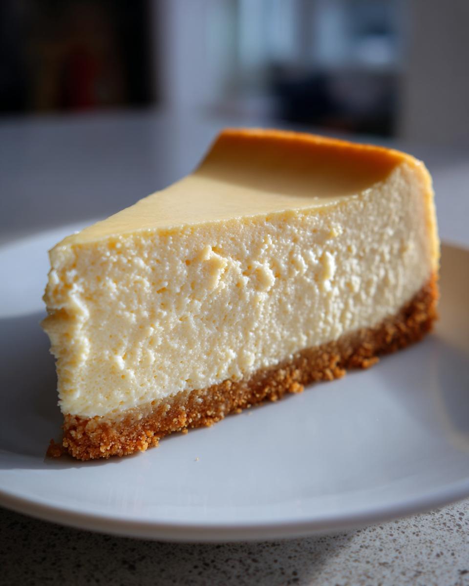 A beautiful, smooth slice of cheesecake recipe on a white plate, featuring a thick graham cracker crust.