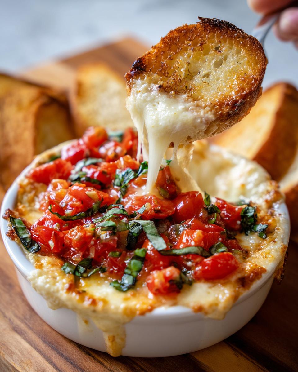 A piece of toasted bread covered in melted cheese being dipped into a bowl of hot bruschetta dip.
