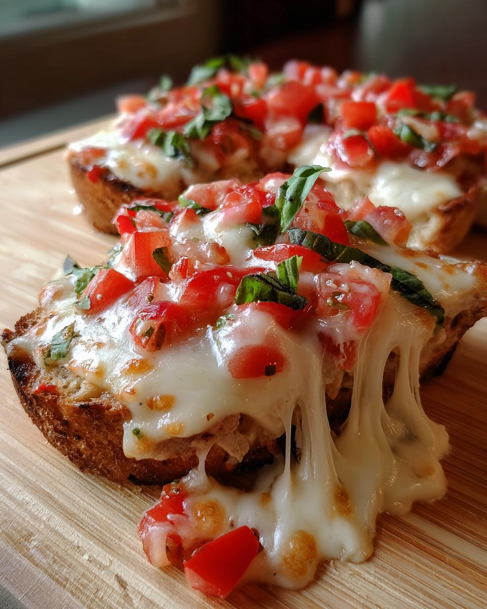 Close-up of cheesy bruschetta dip topping melted over toasted bread with diced tomatoes and basil.