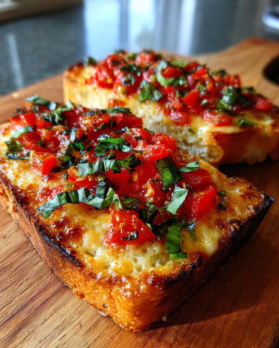 Two slices of toasted bread topped with melted cheese and fresh tomato and basil mixture, resembling a bruschetta dip serving.
