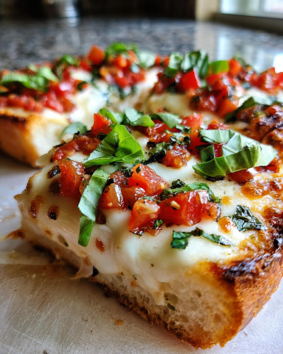 Close-up of a slice of cheesy bruschetta dip, featuring melted mozzarella, diced tomatoes, and fresh basil on toasted bread.