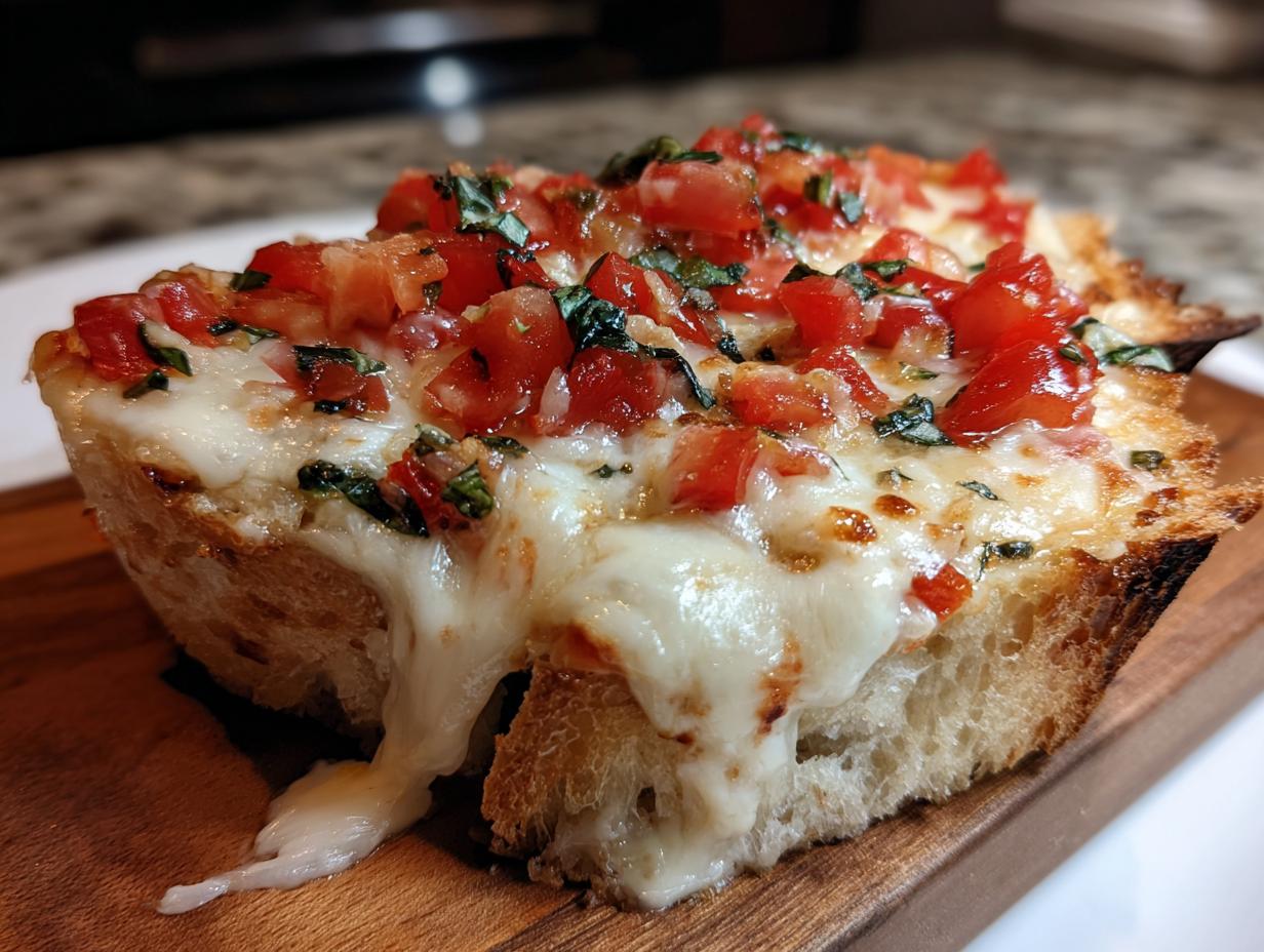 Close-up of a slice of toasted bread topped with melted cheese and fresh tomato and basil bruschetta dip.