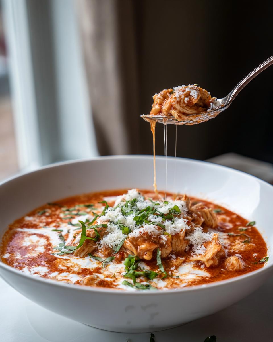 A spoonful of shredded chicken parmesan soup being lifted, showing melted cheese strings dripping back into the bowl.