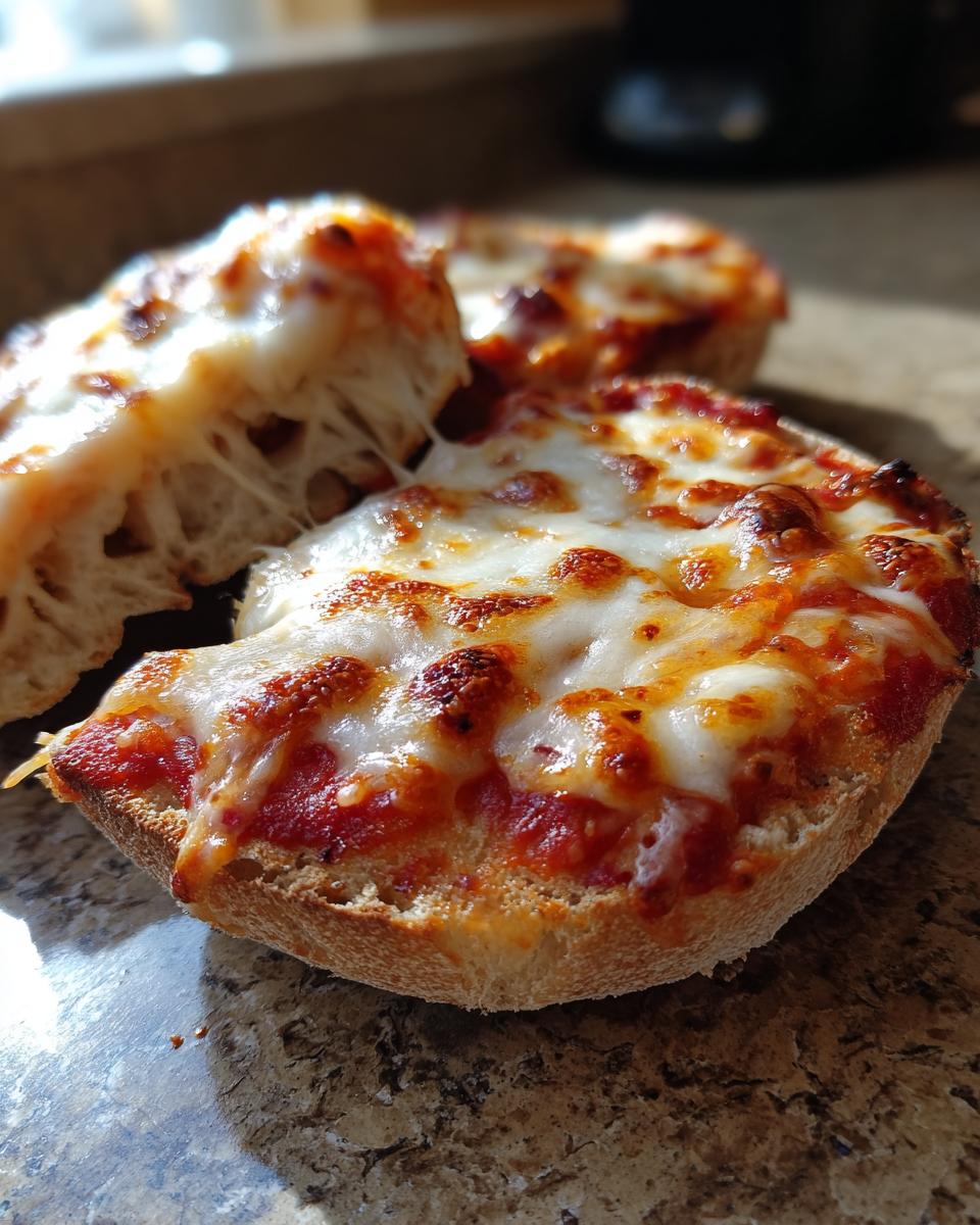 Close-up of a baked english muffin pizza showing melted, browned cheese and a piece being lifted with a dramatic cheese pull.