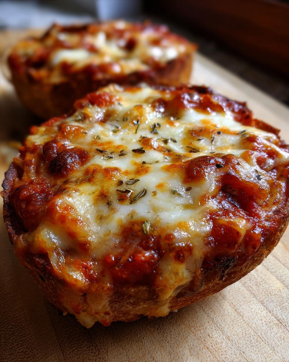 Close-up of a freshly baked english muffin pizza with melted, bubbly cheese and herbs.