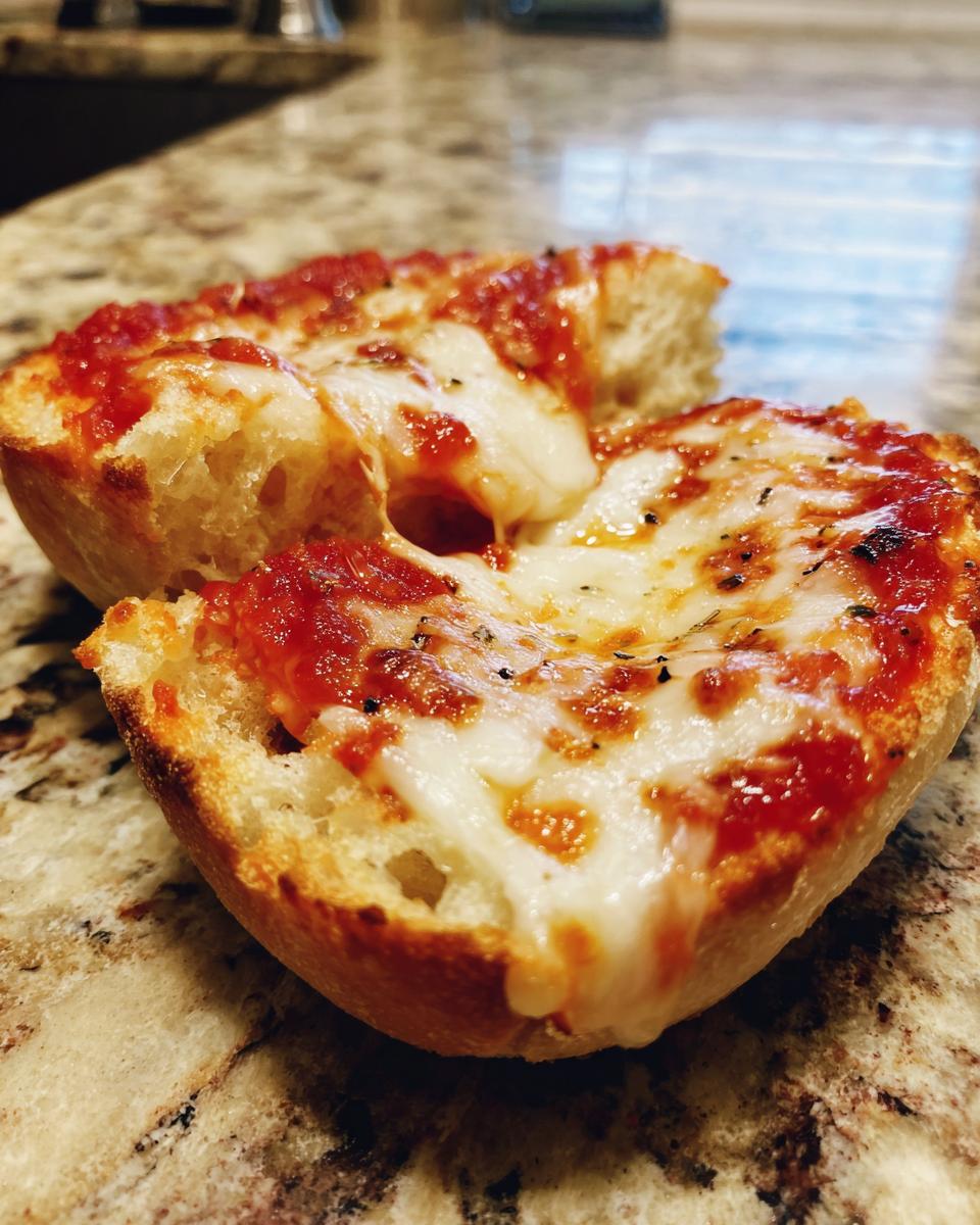 Close-up of a toasted english muffin pizza half with melted, gooey cheese and tomato sauce.