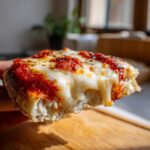 A close-up of a slice of english muffin pizza showing melted, gooey cheese and bright red sauce.