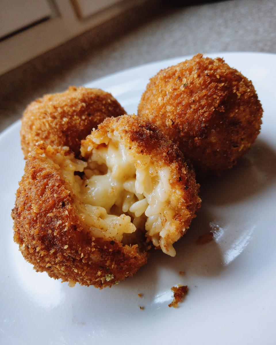 Close-up of three golden-brown, deep-fried rice balls, one broken open revealing a gooey, cheesy interior.