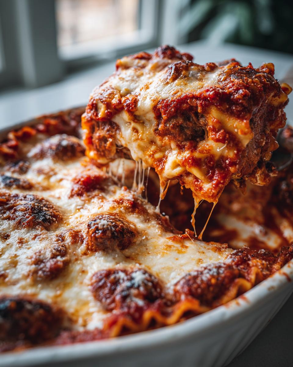 A serving spoon lifts a cheesy, saucy piece of lazy lasagna out of a baking dish, showing extreme cheese pull.