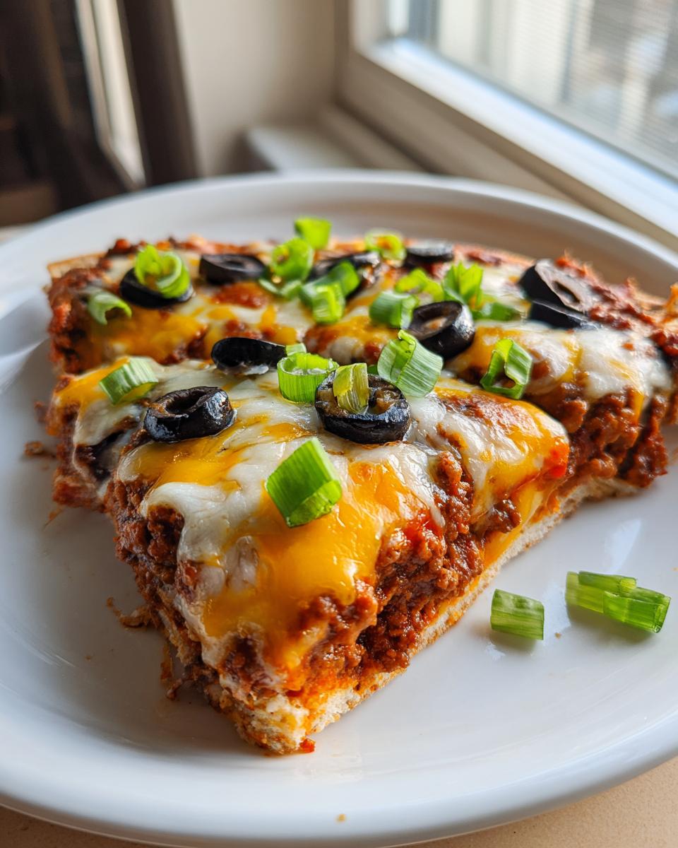 Two slices of homemade mexican pizza topped with melted cheese, black olives, and green onions.