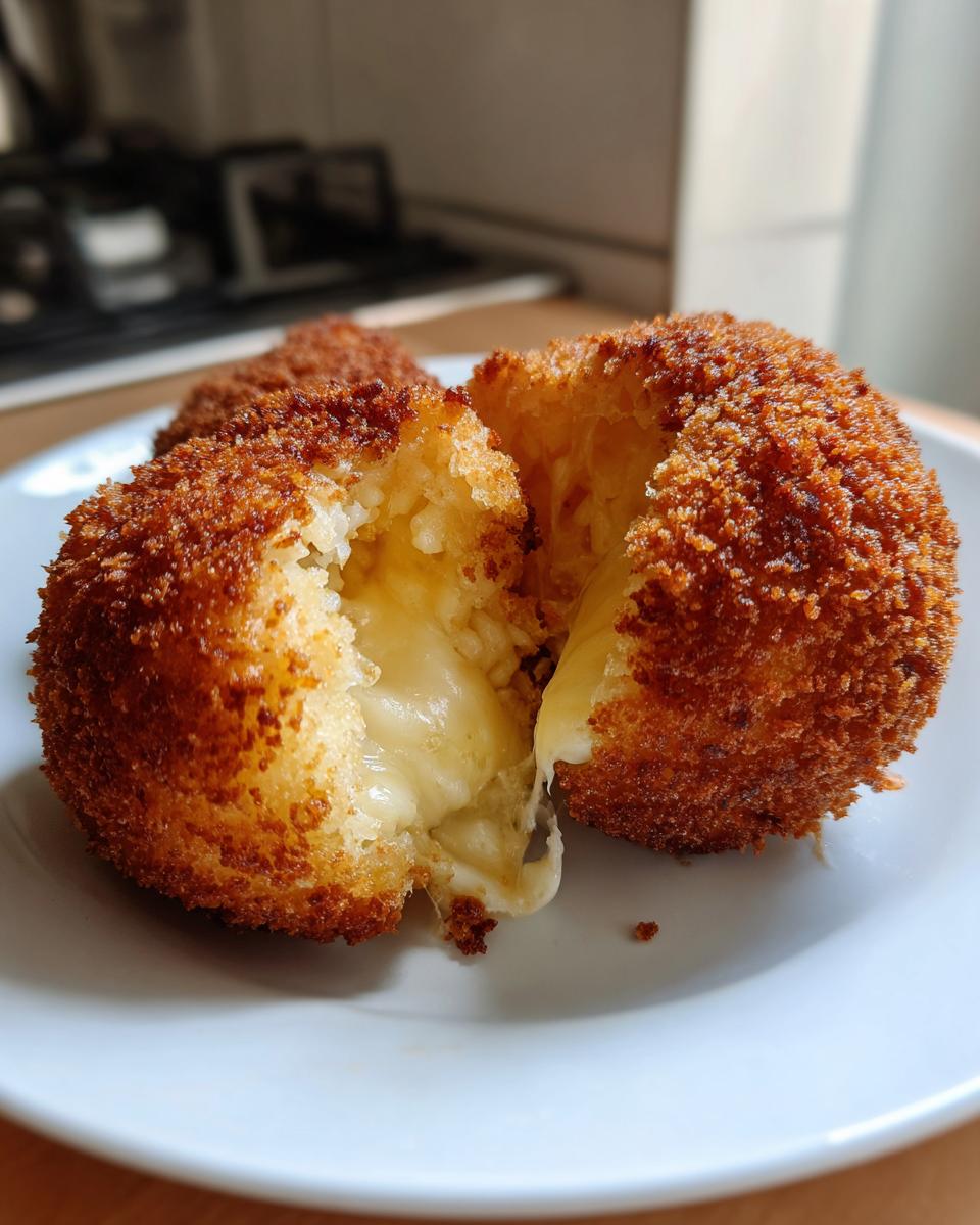 Close-up of a golden-brown, crispy rice balls cut in half, revealing a melted, gooey cheese center.