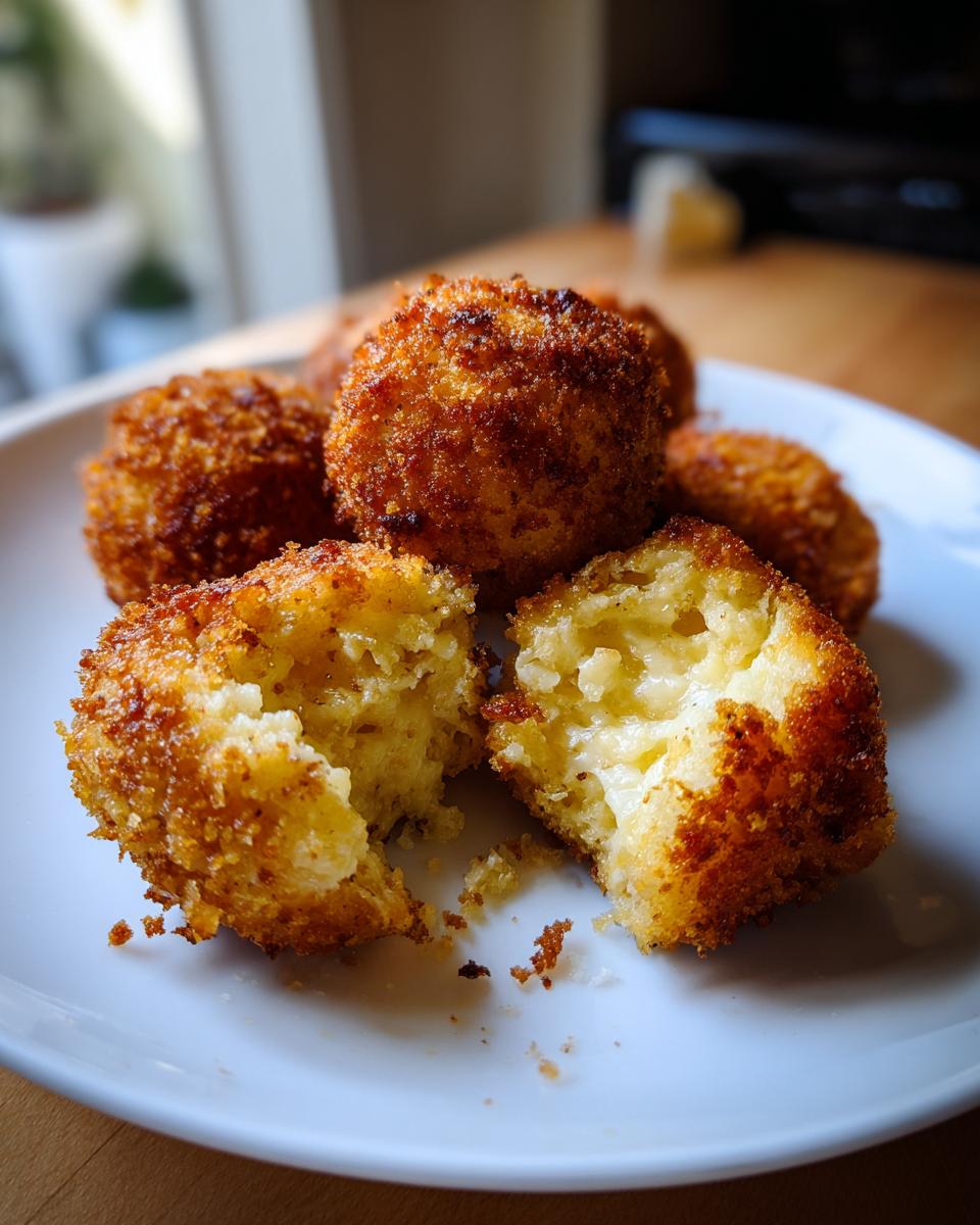 Close-up of golden brown, crispy fried rice balls, one broken open revealing a melted cheesy interior.
