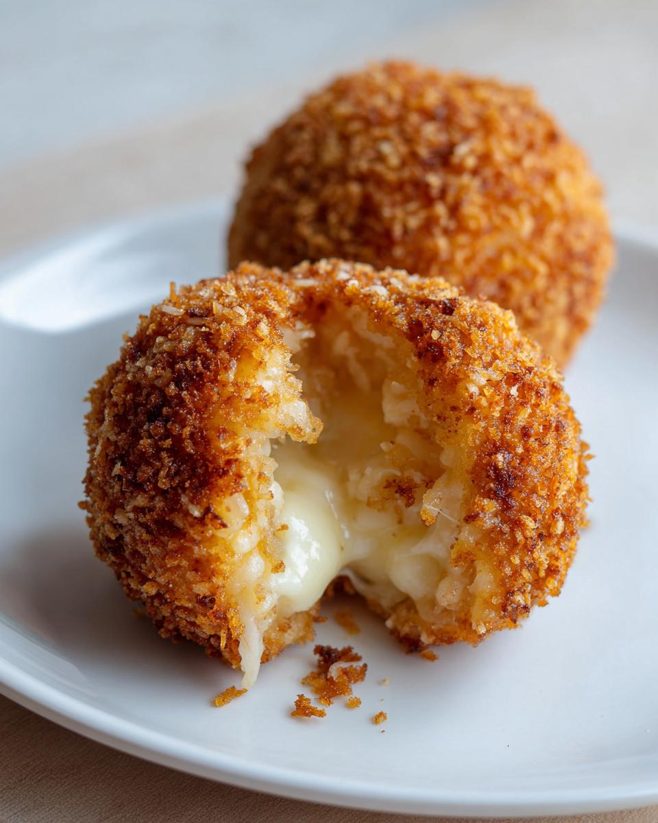 Close-up of a crispy, golden-brown rice balls, one cut open to show the melted, gooey cheese center.