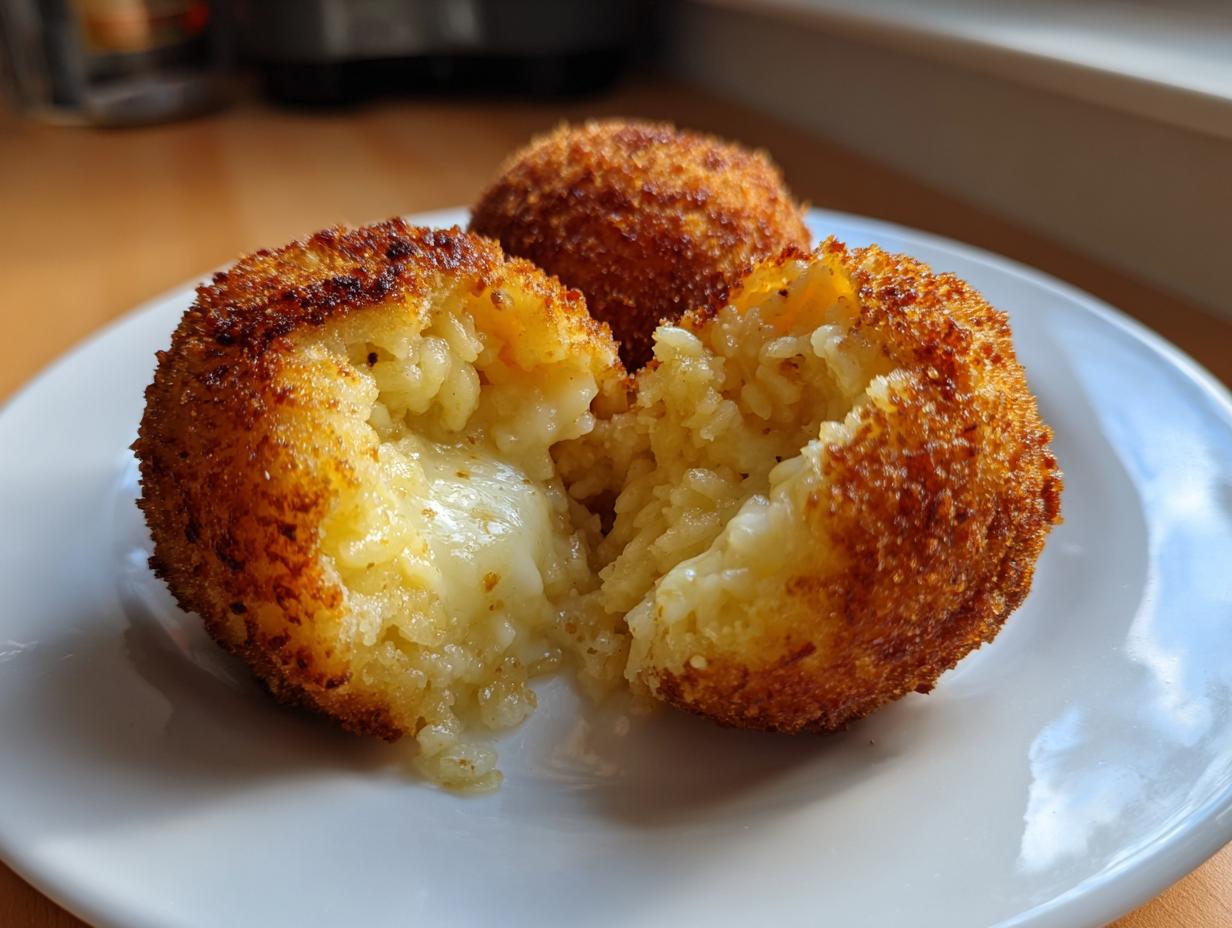 Close-up of golden brown, crispy rice balls, one broken open revealing a melted, cheesy center.