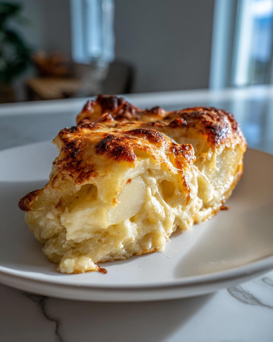 Close-up of a rich, cheesy slice of scalloped potatoes with a golden-brown, bubbly top.